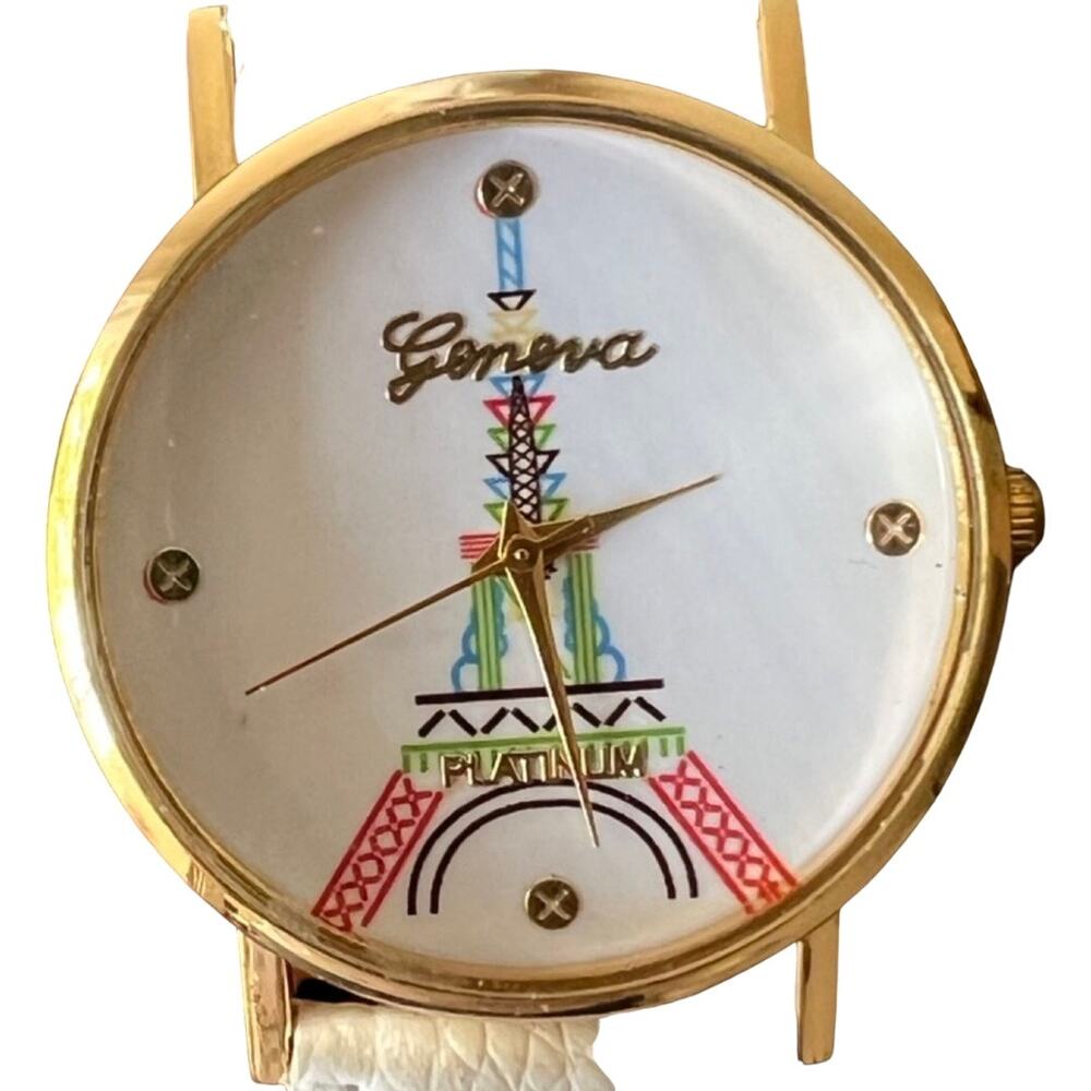 Paris Eiffel Tower White Vegan Leather Gold Tone Buckle Strap Analog Watch MINT - Picture 10 of 11